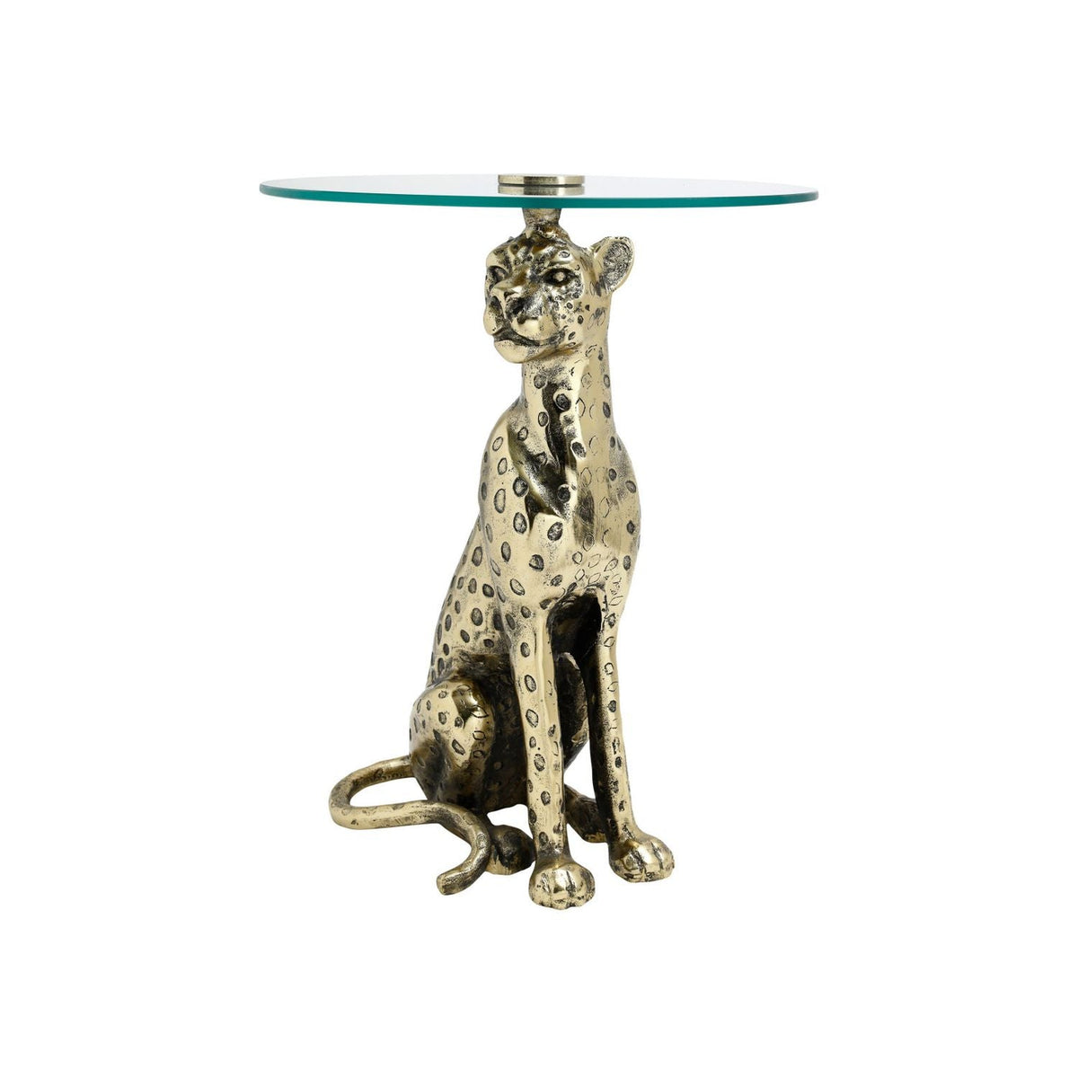 Bacall Accent Table, shown in antique gold and clear glass with cast metal, glass, and a sculptural animal base.