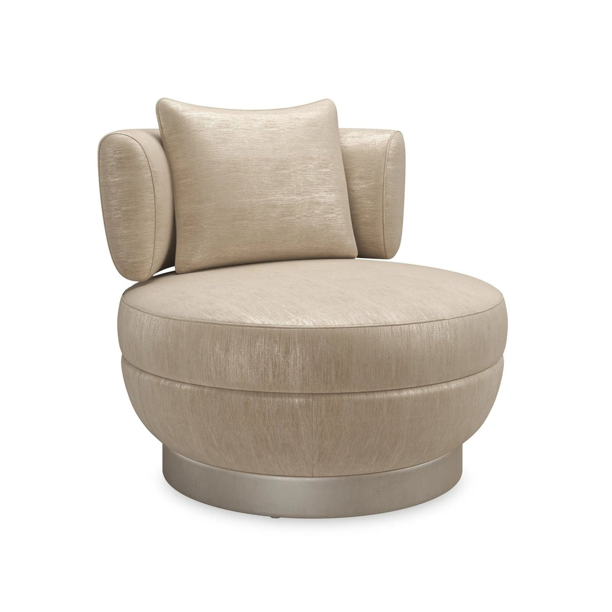 Alternate view of Celeste Lounge Chair, featuring textured woven upholstery, fabric, metal, and a swivel base.