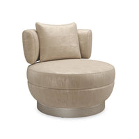 Alternate view of Celeste Lounge Chair, featuring textured woven upholstery, fabric, metal, and a swivel base.