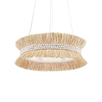 Seychelles Chandelier, shown in natural beige and warm tan with raffia, wood beads, and multi-cable ceiling suspension.