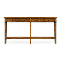Alternate view of Four Drawer Console, featuring distressed stain, wood, metal, and four shallow drawers with round knobs.