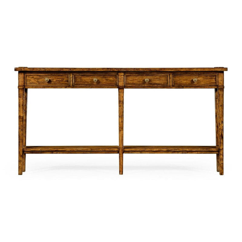 Alternate view of Four Drawer Console, featuring distressed stain, wood, metal, and four shallow drawers with round knobs.
