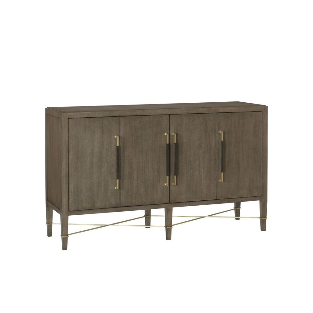 Verona Chanterelle Sideboard, shown in muted taupe-brown and charcoal-brown with wood, brass, and four hinged cabinet doors.