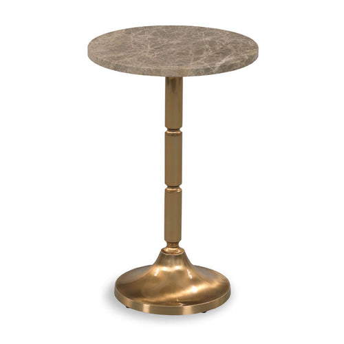 Villeret Drink Table, shown in taupe and brass gold with marble, metal, and a compact round top.