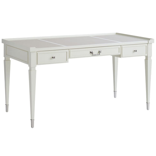 Fremont Writing Desk, shown in ivory and off-white with wood, metal, and three-drawer integrated storage.