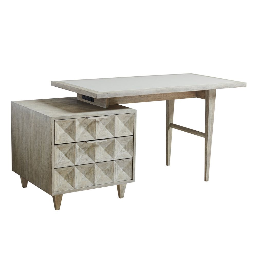 Domus Writing Desk, shown in light gray and warm taupe with wood, wood veneer, and integrated three-drawer storage pedestal.
