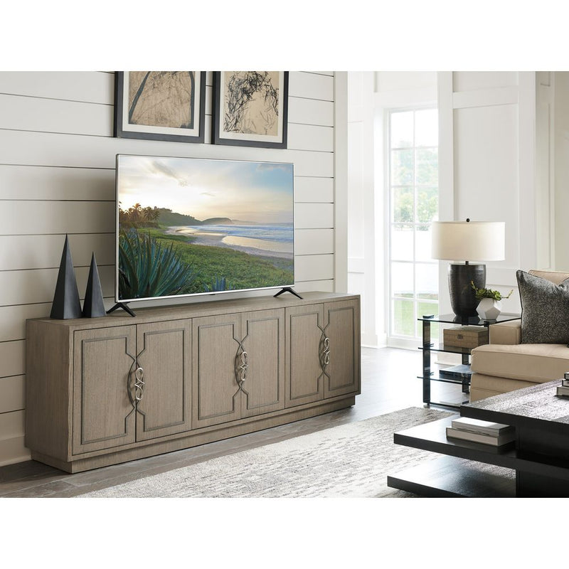 Alternate view of Grove Park Long Media Console, featuring wood veneer, metal, and six-door enclosed storage.