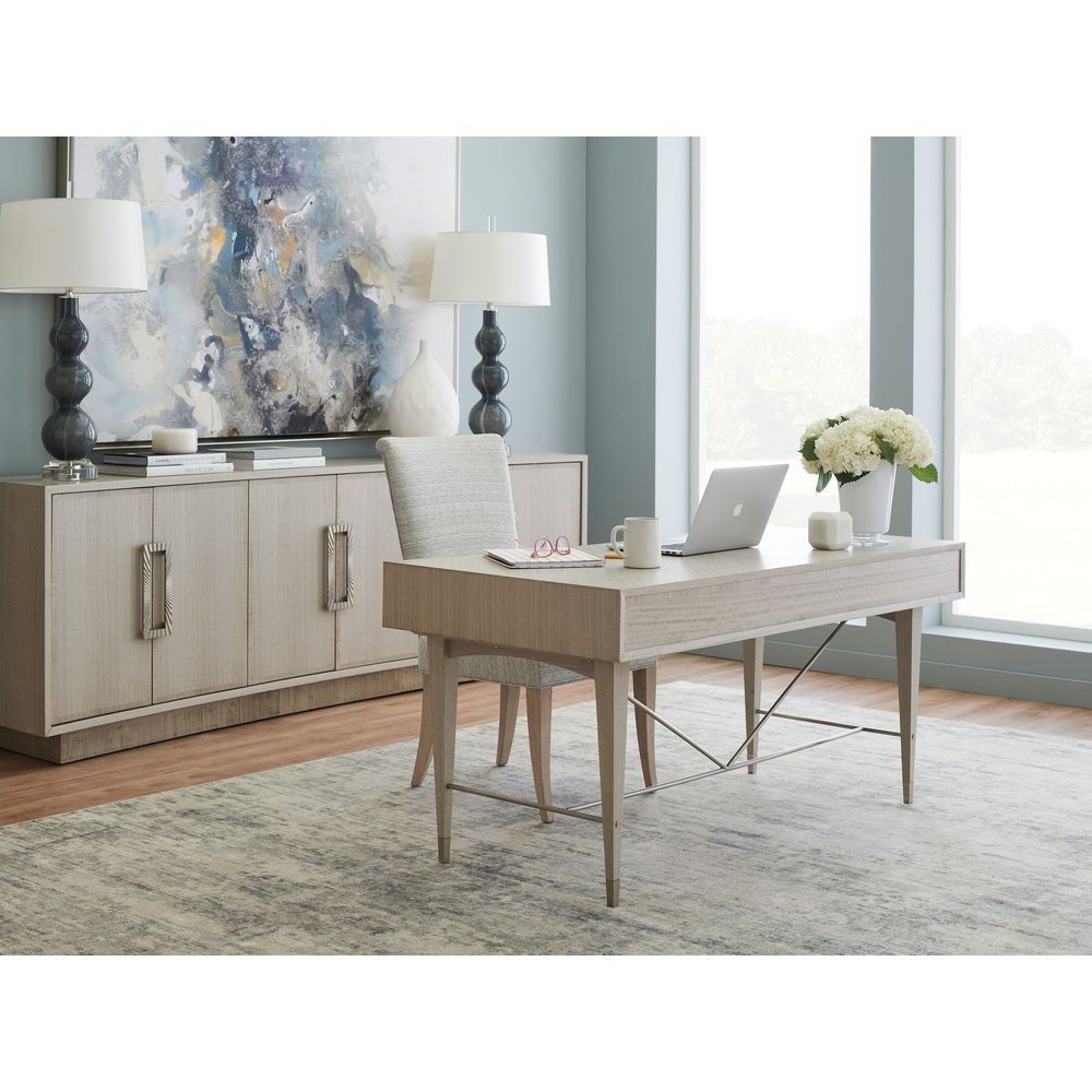 Additional view of Westport Writing Desk in light gray and warm beige, featuring three front drawers.