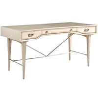 Westport Writing Desk, shown in light gray and warm beige with wood, metal, and three front drawers.