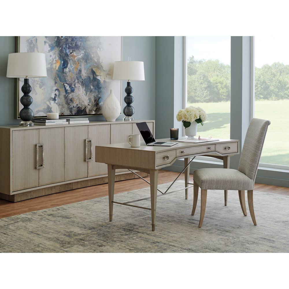 Alternate view of Westport Writing Desk, featuring wood, metal, and three front drawers.