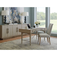 Alternate view of Westport Writing Desk, featuring wood, metal, and three front drawers.