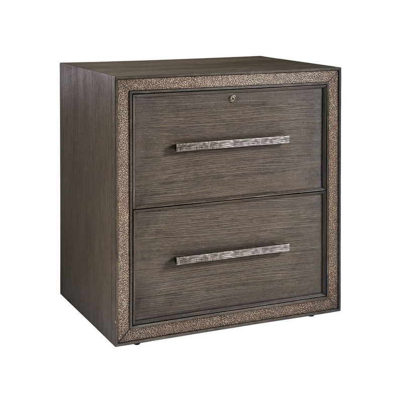 Chapman Lateral File Chest, shown in medium brown and charcoal gray-brown with wood, metal, and two lateral file drawers.