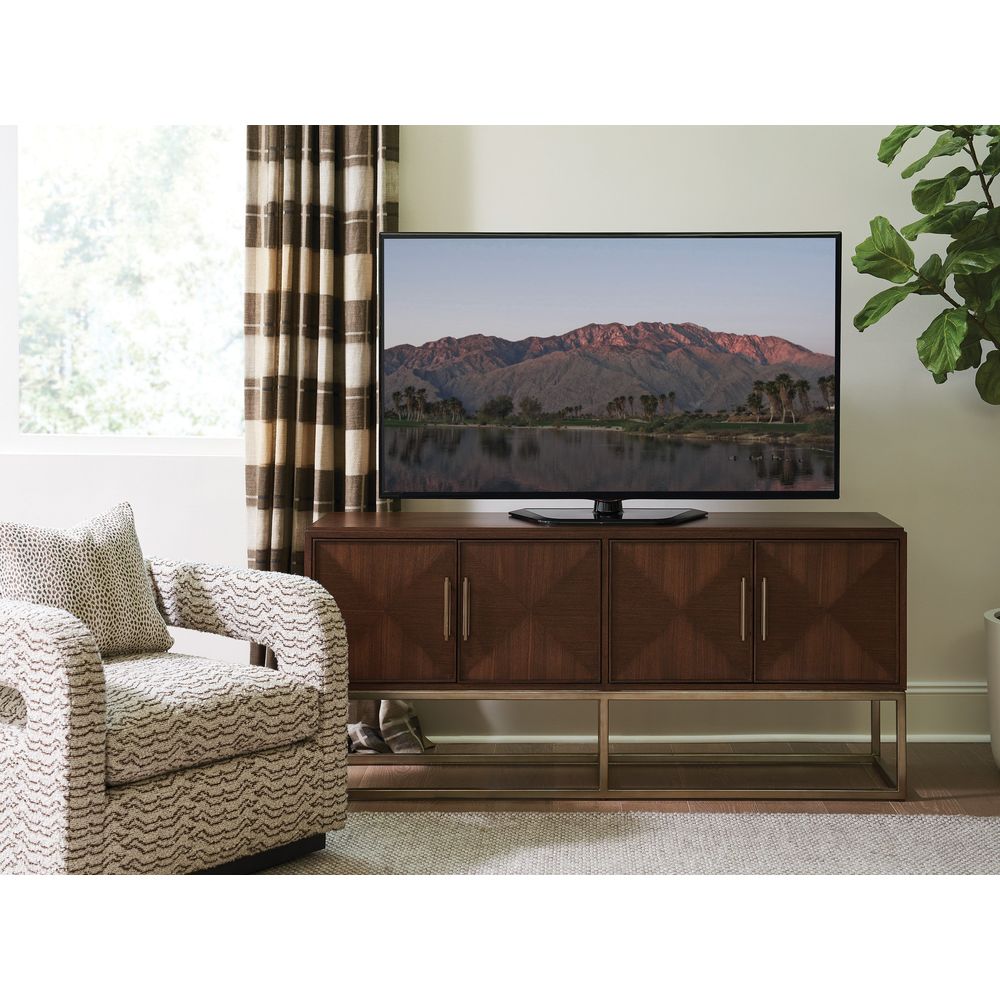 Alternate view of Cameron Media Console, featuring matte finish, wood, metal, and four-door enclosed cabinet storage.