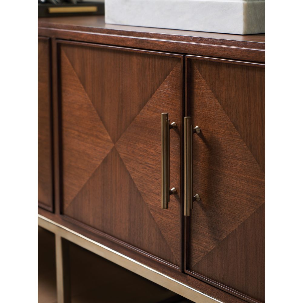 Additional view of Cameron Media Console, featuring matte finish, wood, metal, and four-door enclosed cabinet storage.