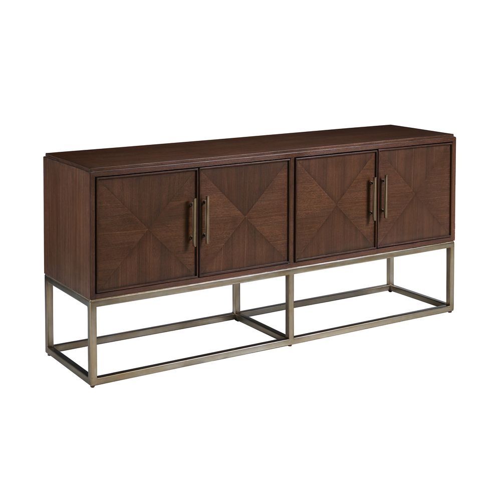 Cameron Media Console, shown in dark brown with wood, metal, and four-door enclosed cabinet storage.