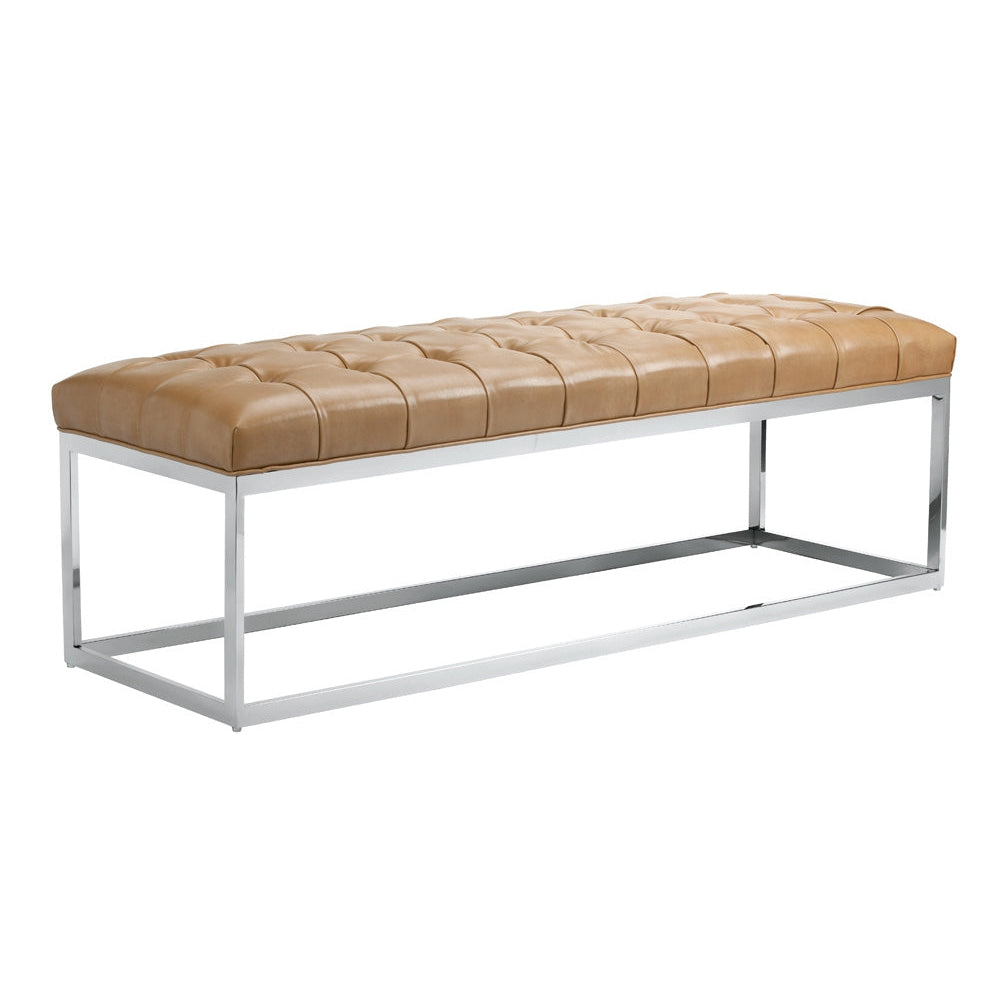 Additional view of Sutton Bench in white and camel tan, featuring button-tufted finish and armless bench seating.