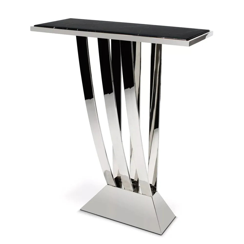 Console Table Beau Deco, shown in black and silver with marble, metal, and narrow console depth.
