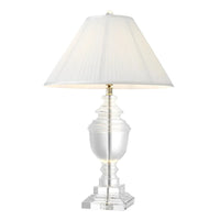 Table Lamp Noble, shown in clear and white with crystal, fabric, and a table lamp base.