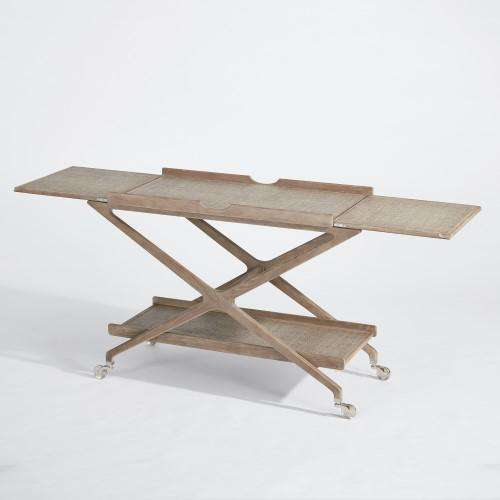 Campaign Fold Out Bar, shown in light taupe wood and natural cane beige with wood, cane, and fold-out side leaves.