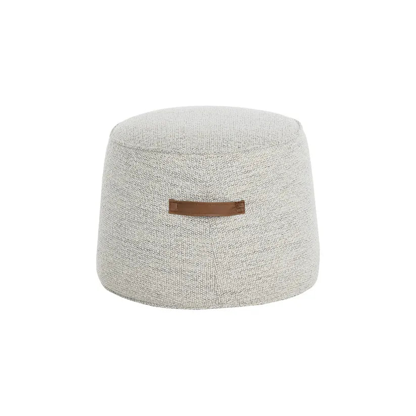 Mitchell Ottoman, shown in light heathered gray and off-white with woven fabric and leather.