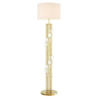 Floor Lamp Lorenzo, shown in gold and white with metal, glass, and a drum shade.
