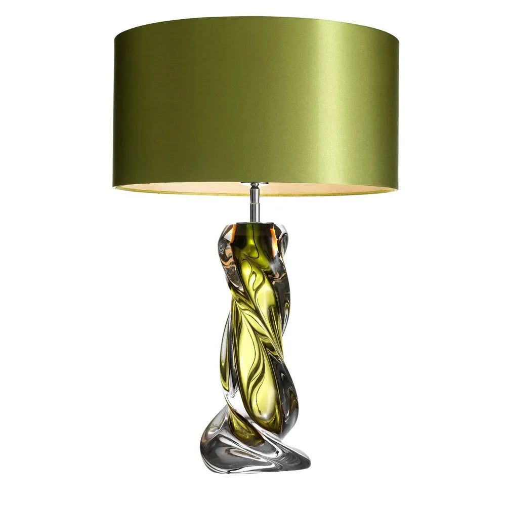 Table Lamp Carnegie, shown in olive green and chartreuse with art glass, fabric, and a table lamp base.