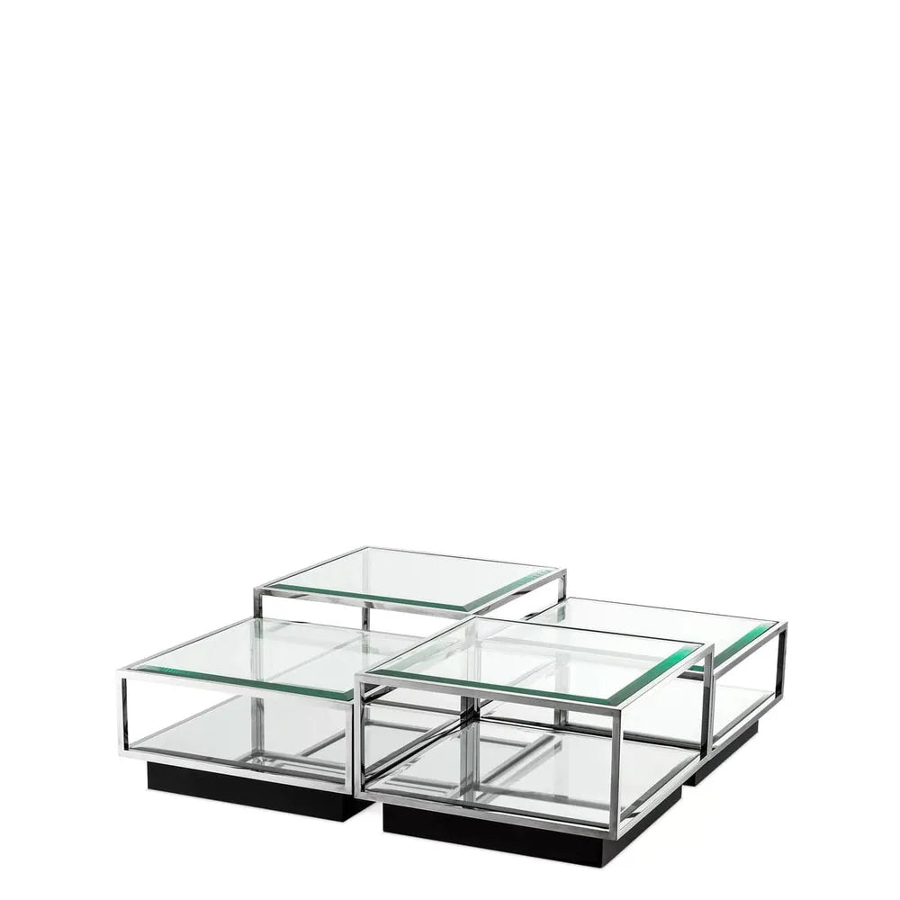 Alternate view of Coffee Table Tortona Set of 4 in gold and chrome with clustered stepped square geometric set.