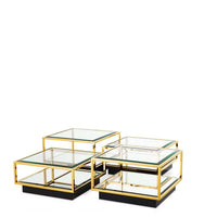 Coffee Table Tortona Set of 4, shown in gold and chrome with glass, metal, and set of four modular cluster tables.