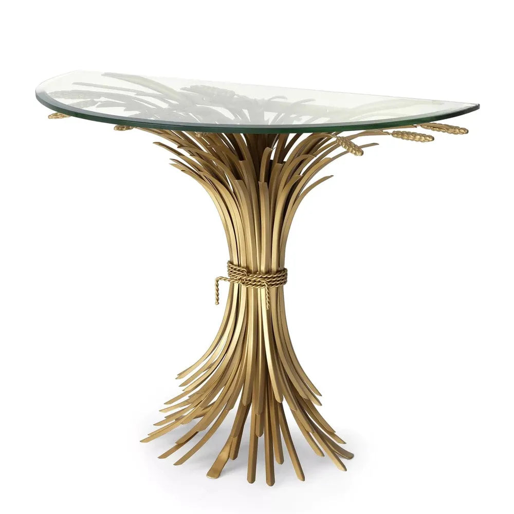 Console Table Bonheur, shown in gold and clear with glass, metal, and demilune wall-oriented footprint.