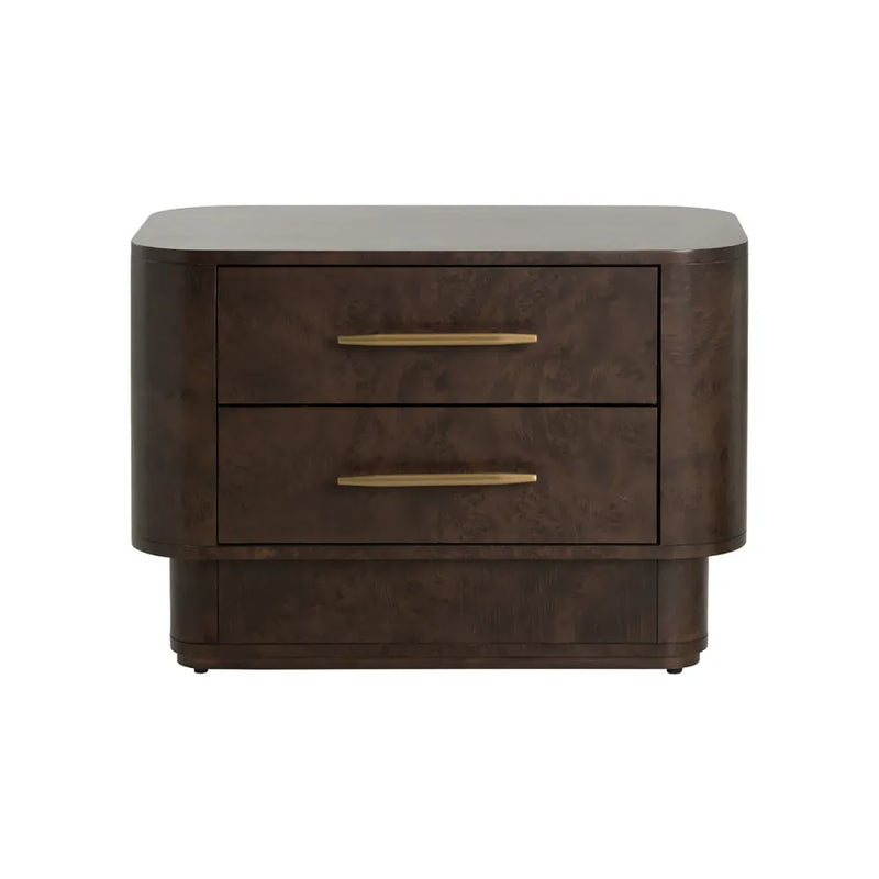 Ezekiel Burl Nightstand, shown in dark brown and espresso with burl wood veneer, wood, and two stacked drawers.