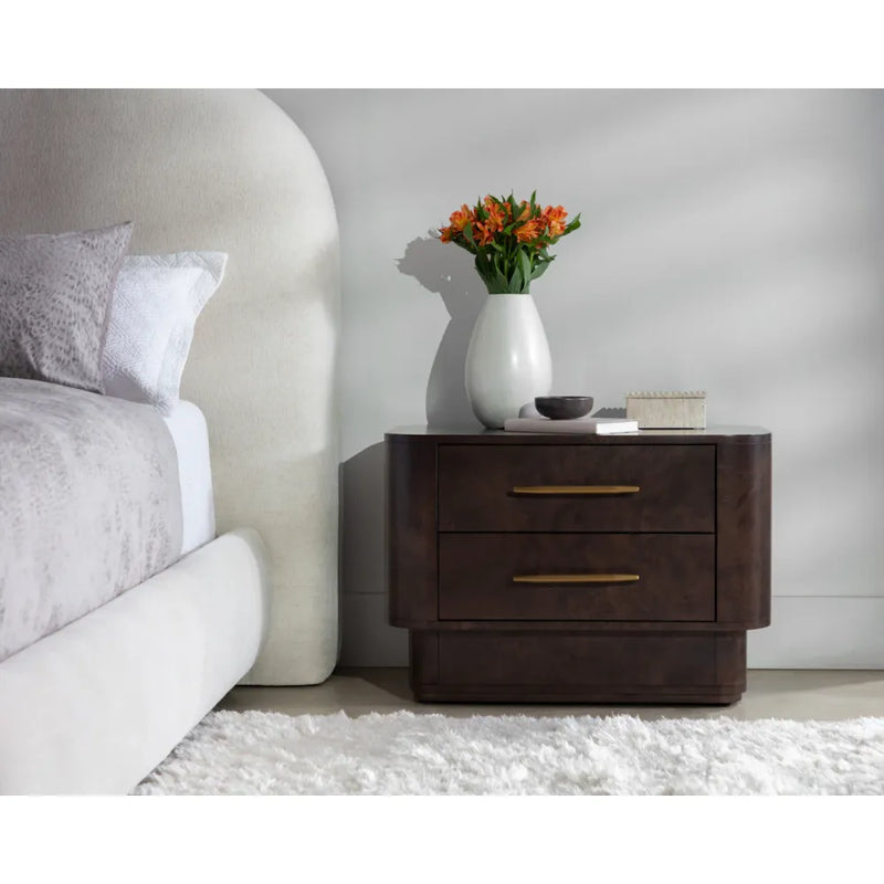 Alternate view of Ezekiel Burl Nightstand, featuring satin brass finish, burl wood veneer, wood, and two stacked drawers.