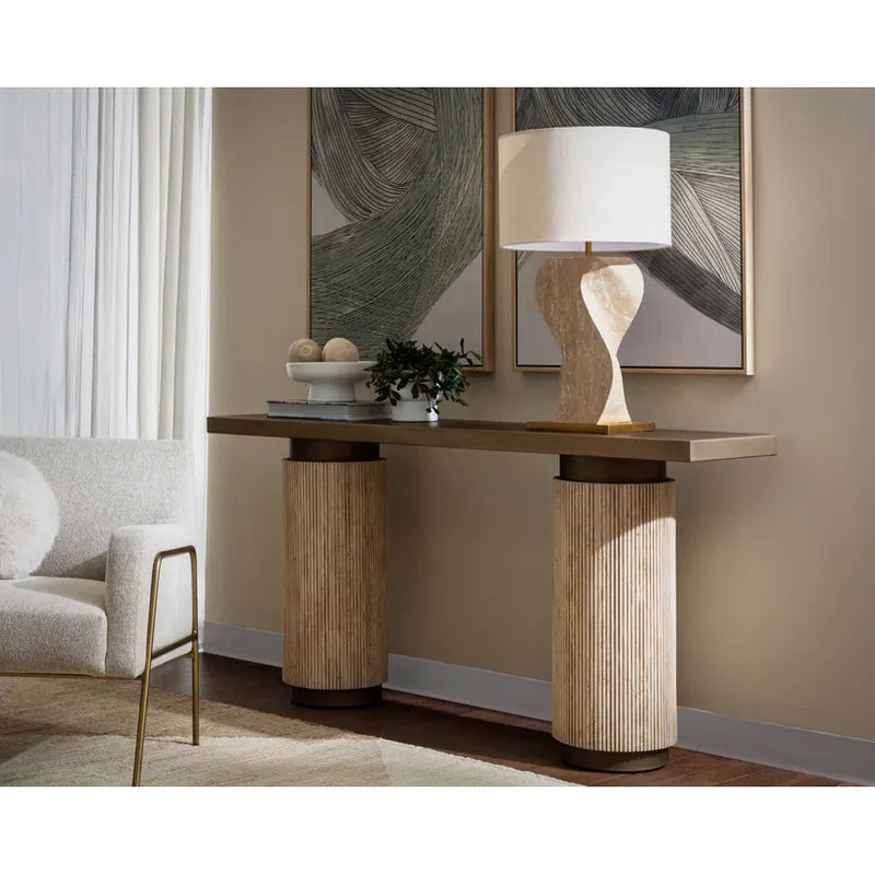 Alternate view of Anusha Table Lamp, featuring natural stone finish, travertine, fabric, and a fabric drum shade.