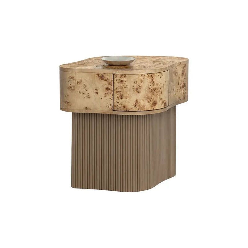 Alternate view of Fern Nightstand, featuring lacquered finish, burl wood veneer, resin, and integrated drawer storage.