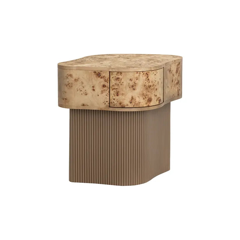 Additional view of Fern Nightstand in warm beige and taupe, featuring lacquered finish and integrated drawer storage.