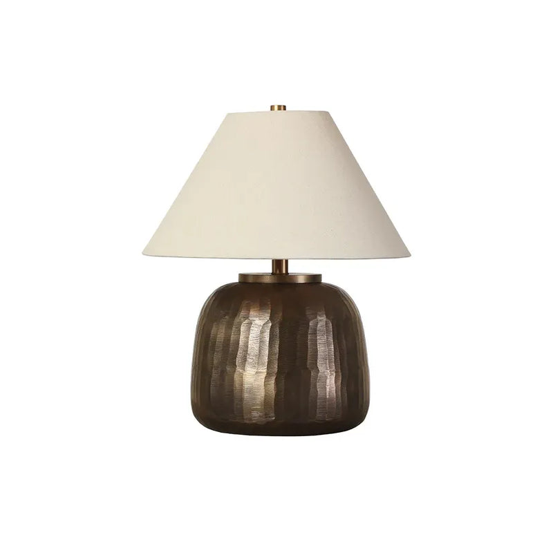 Pradiva Table Lamp, shown in bronze and cream with metal, fabric, and a conical fabric shade.