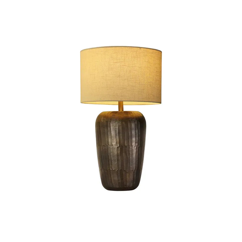 Alternate view of Ishani Table Lamp, featuring hammered finish, metal, fabric, and a table lamp base.
