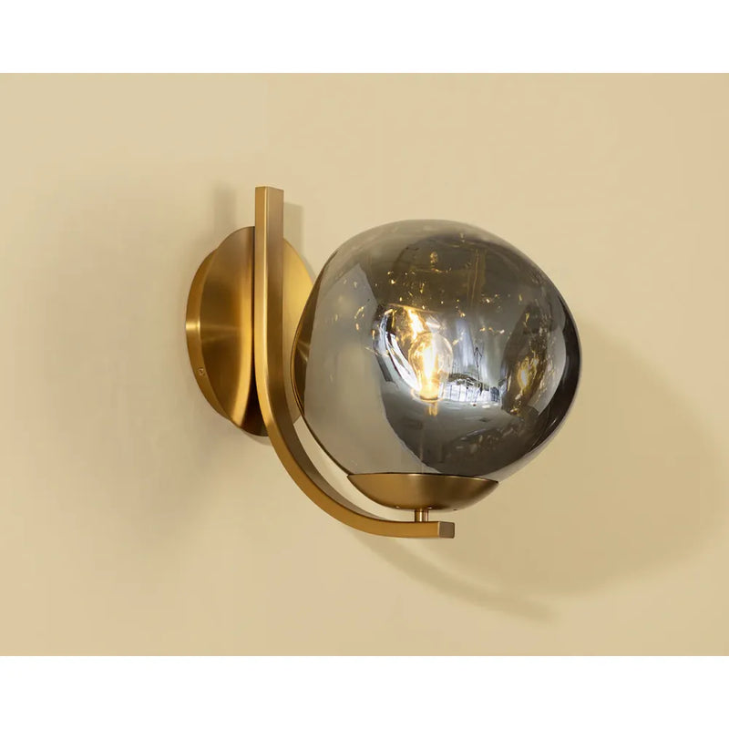 Alternate view of Dionis Sconce, featuring iron, glass, and a wall-mounting backplate.