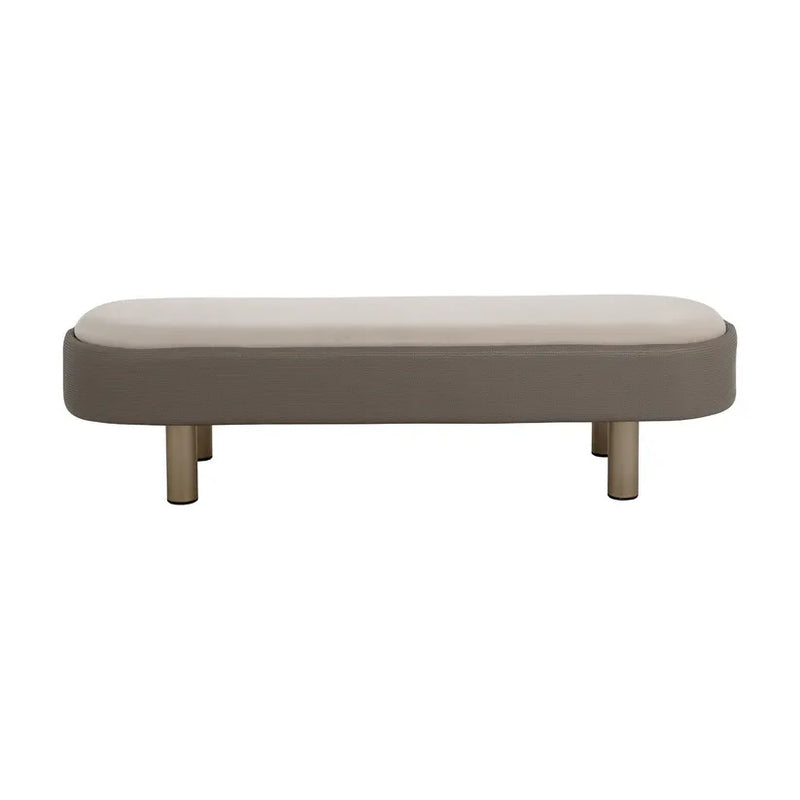 Odella Bench, shown in warm taupe and off-white cream with woven textile and velvet or vegan leather upholstery.