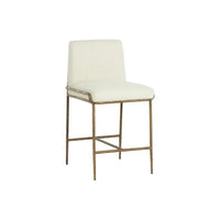 Alternate view of Lathan Counter Stool, featuring antique brass finish, upholstery fabric, metal, and counter-height stool.