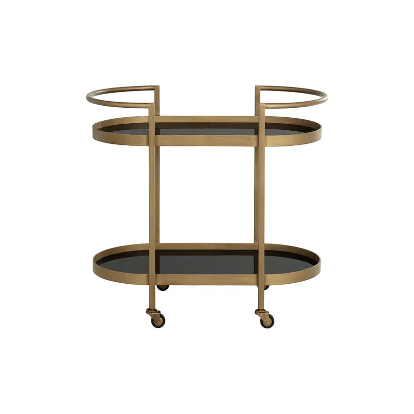 Bartlett Bar Cart, shown in antique brass and black with metal, glass, and four caster wheels.