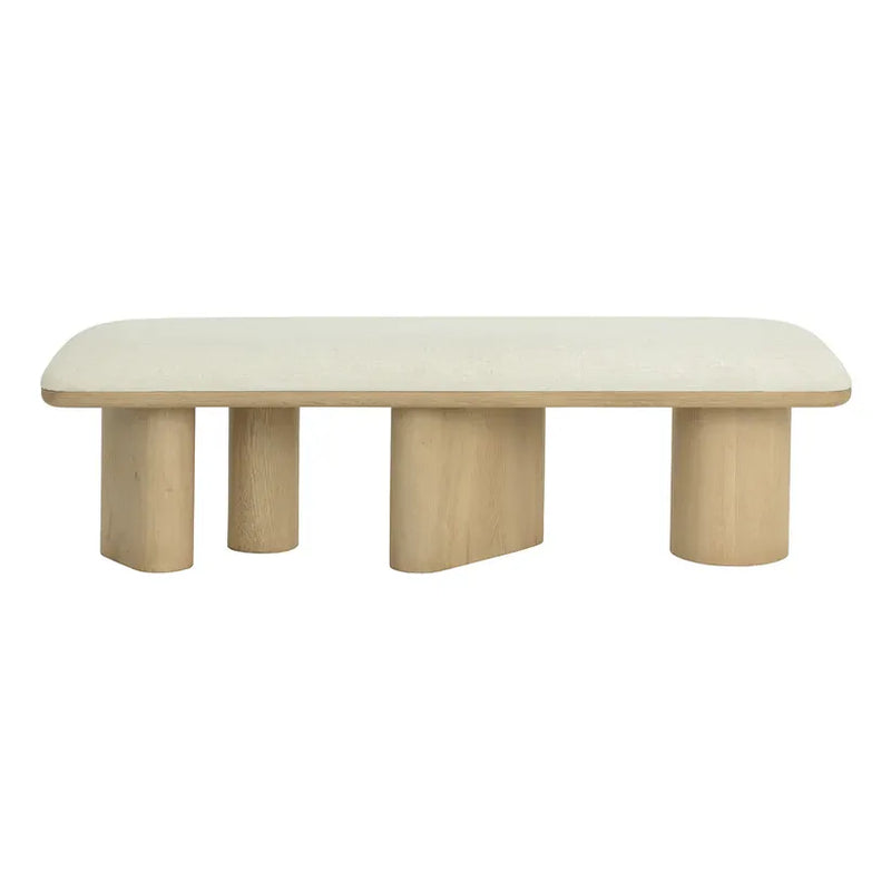 Hiro Bench, shown in light oak / natural blonde wood and cream / off-white with solid oak wood and linen fabric.