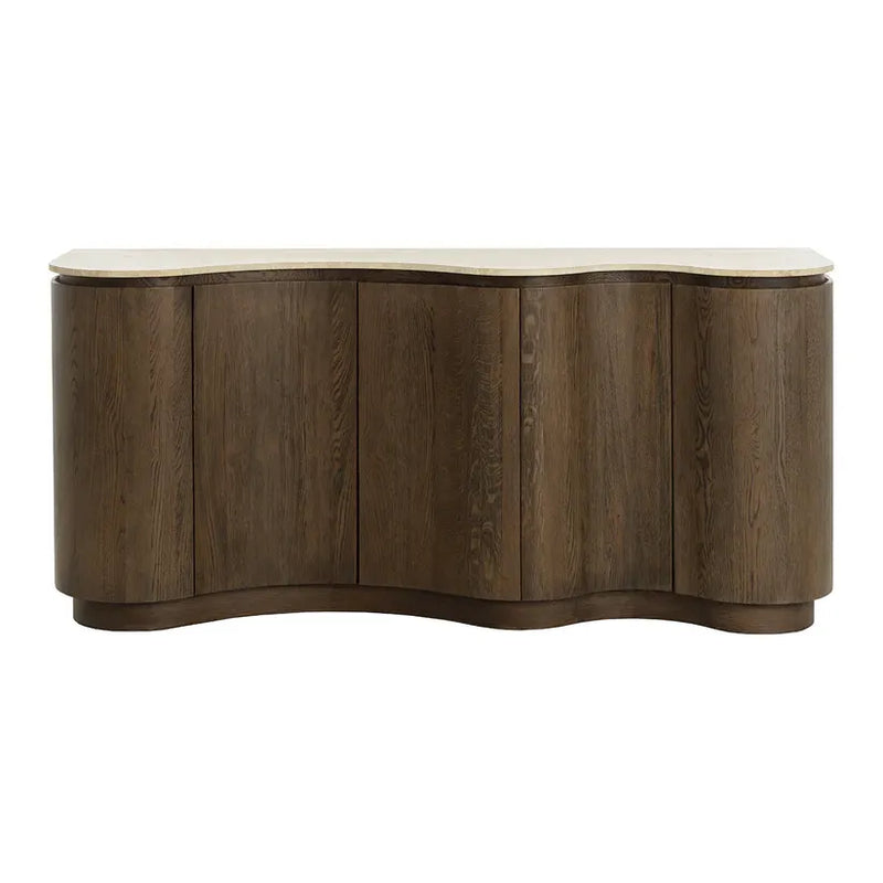 Fable Sideboard, shown in dark brown and light beige with oak wood, travertine, and integrated multi-door cabinet storage.