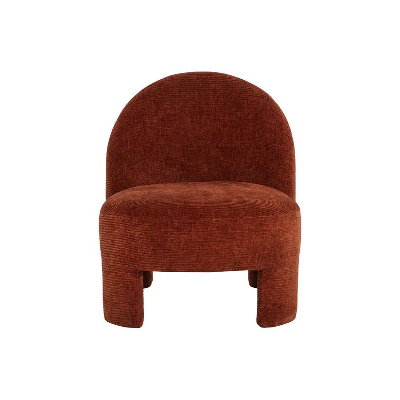 Myrtle Lounge Chair, shown in rust-brown and terracotta with corduroy fabric, upholstery fabric, and armless design.