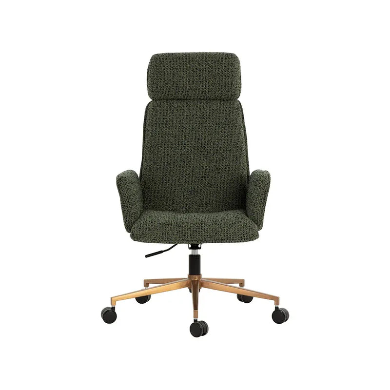 Kalev Office Chair, shown in dark green and olive green with textured fabric, bouclé-style upholstery, and a swivel base.