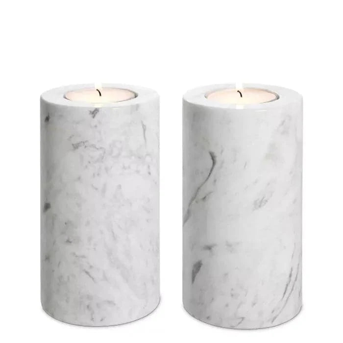 Tealight Holder Tobor set of 2, shown in white with marble and recessed tealight well.