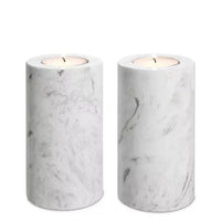 Tealight Holder Tobor set of 2, shown in white with marble and recessed tealight well.