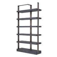Alternate view of Geo Bookcase, featuring matte wood grain, oak veneer, metal, and six open fixed shelves.