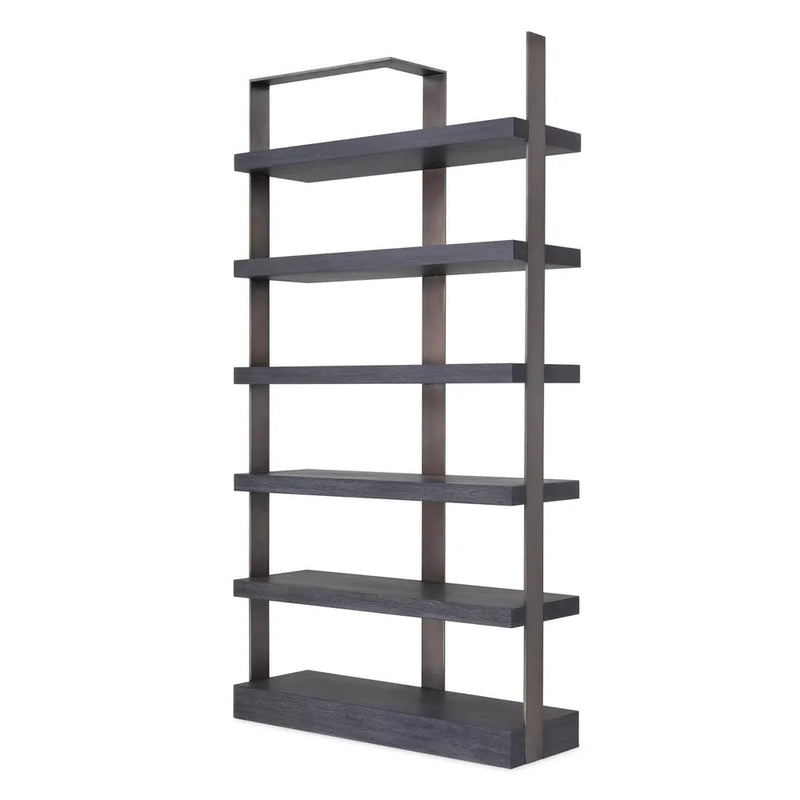 Alternate view of Geo Bookcase, featuring matte wood grain, oak veneer, metal, and six open fixed shelves.