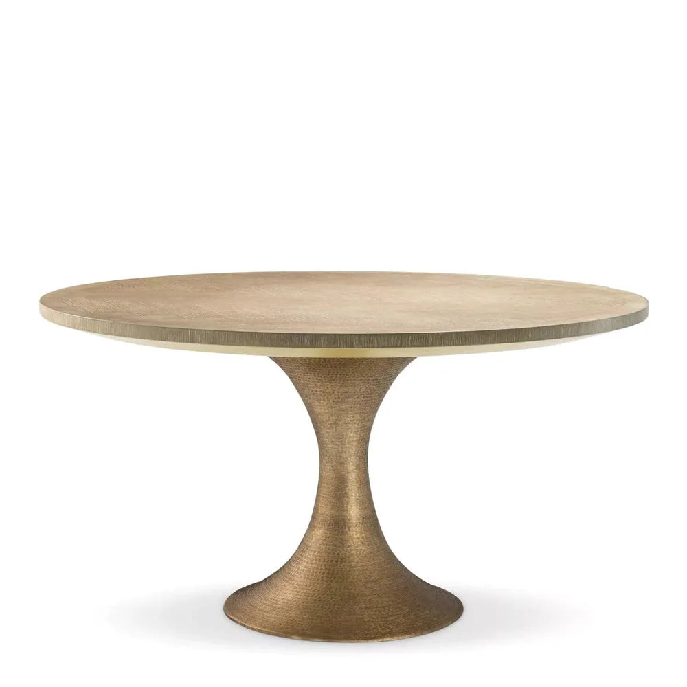 Dining Table Melchior, shown in light oak beige and antique brass gold with oak wood veneer and brass metal.