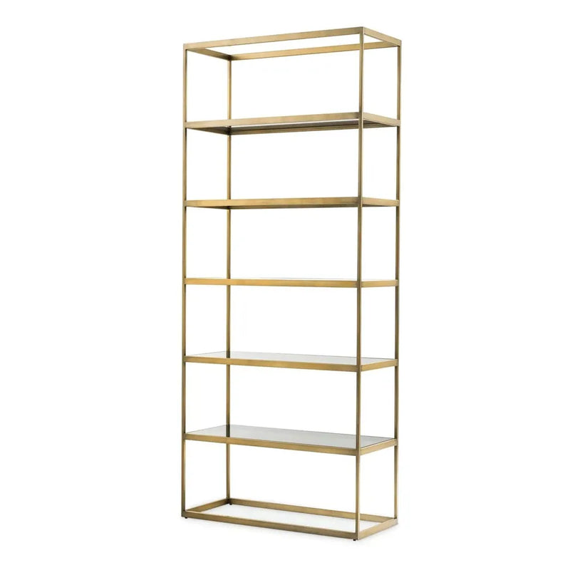 Omega Etagere, shown in brushed brass gold with metal, glass, and five fixed glass shelves.